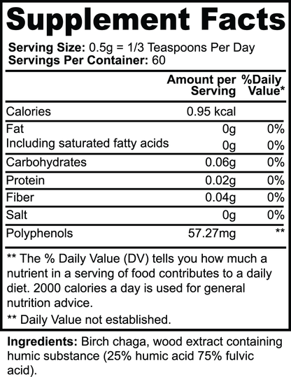 Birch Chaga, Microbiome Gut Prebiotic and Humic Acid Powder