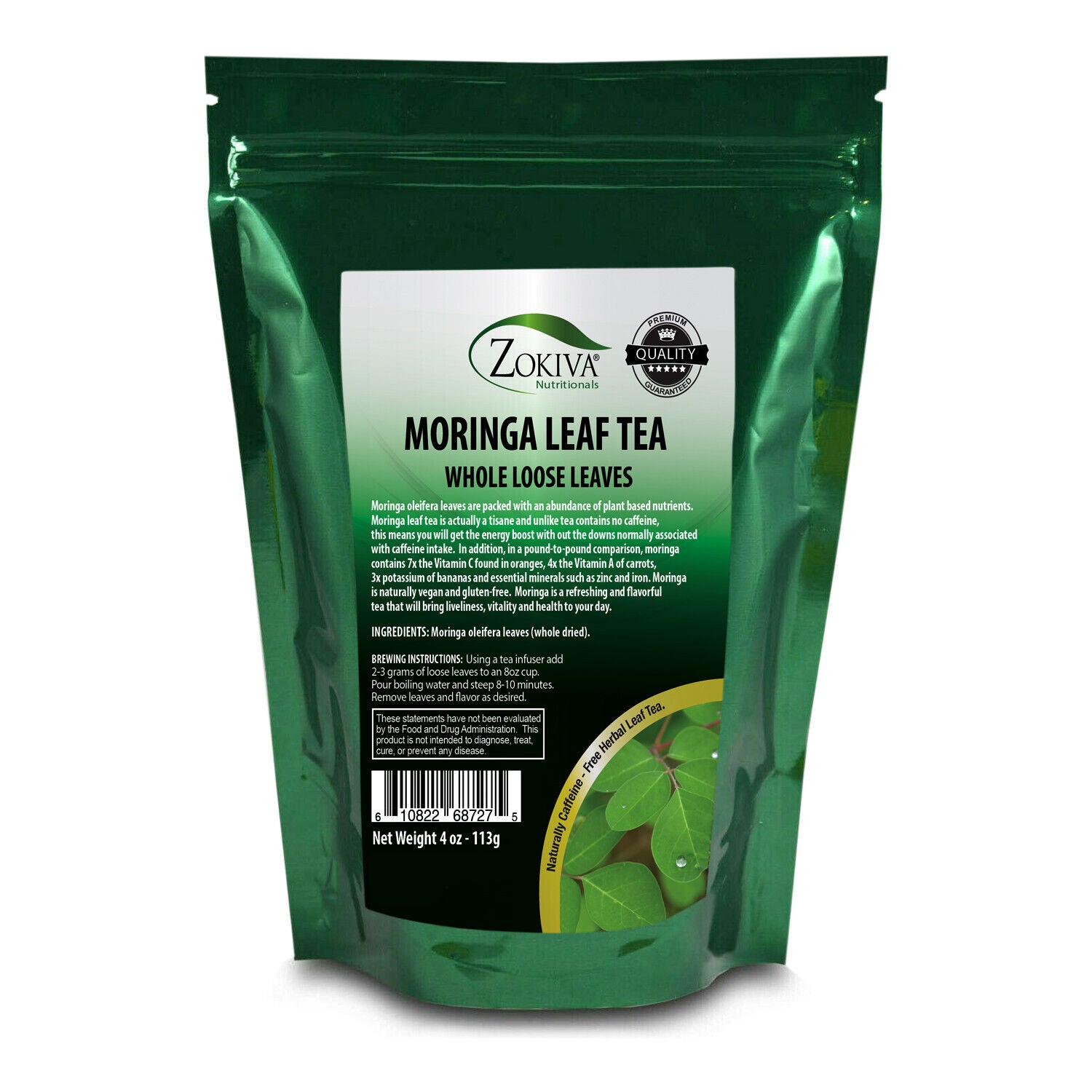 Moringa Leaves Loose Organic Dried All-Natural Energy Booster 4 Oz Zip Pouch