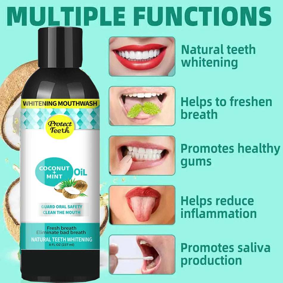 Coconut Mint Pulling Oil Mouthwash Alcohol-Free Teeth Whitening Fresh Oral Breath Tongue Scraper Set 237Ml