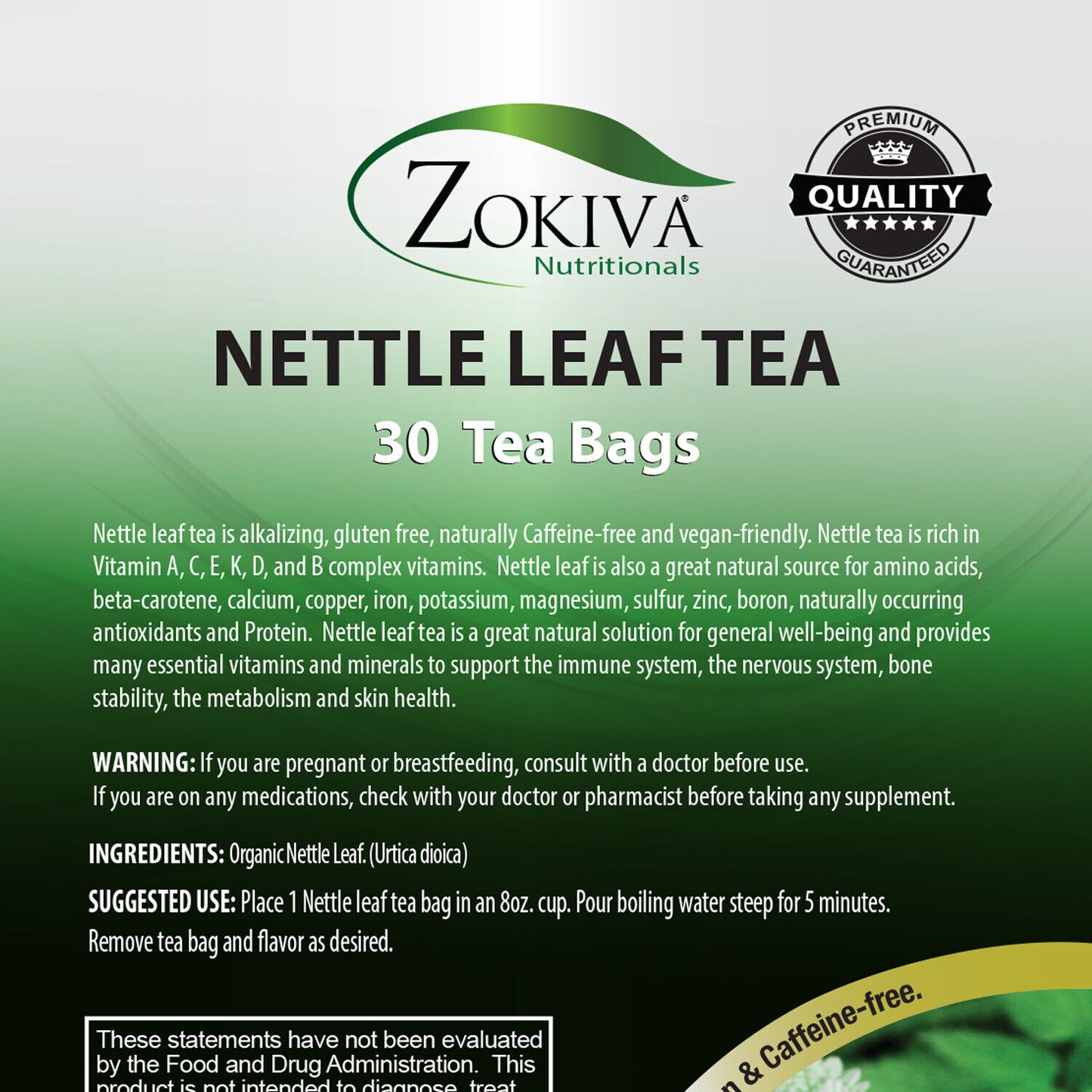 Nettle Leaf Tea Bags (30) Premium Quality, Caffeine-Free Herbal Leaf Tea Bags