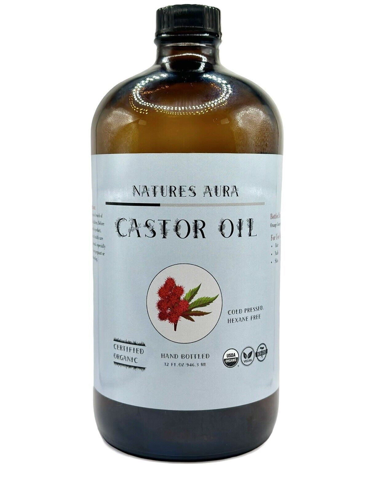 Natures Aura Organic Castor Oil - Glass (32 Oz) | Cold Pressed, Hexane Free