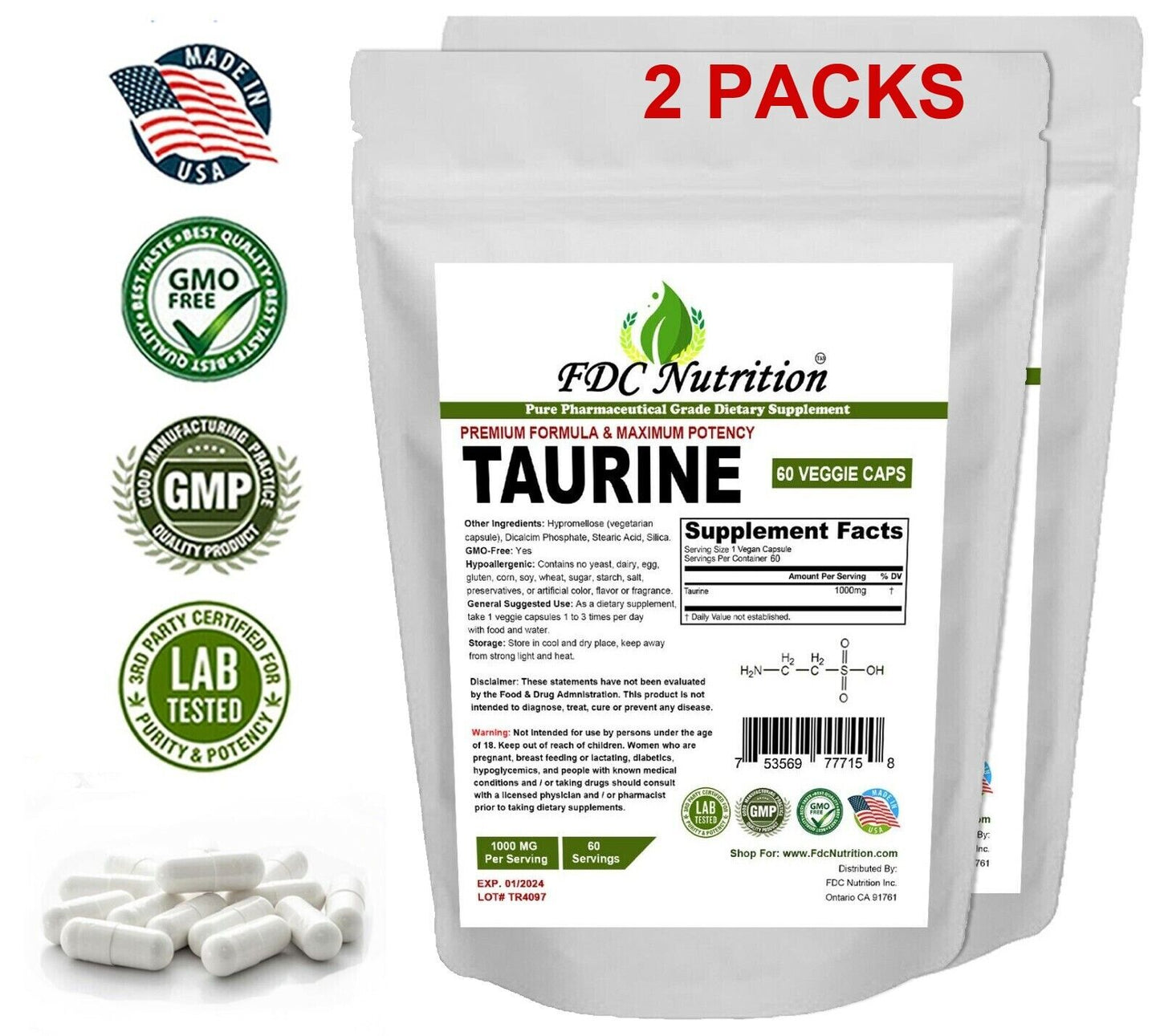 TWO PACKS   Taurine 1000Mg, 60 Capsules - Gluten Free & Non-Gmo