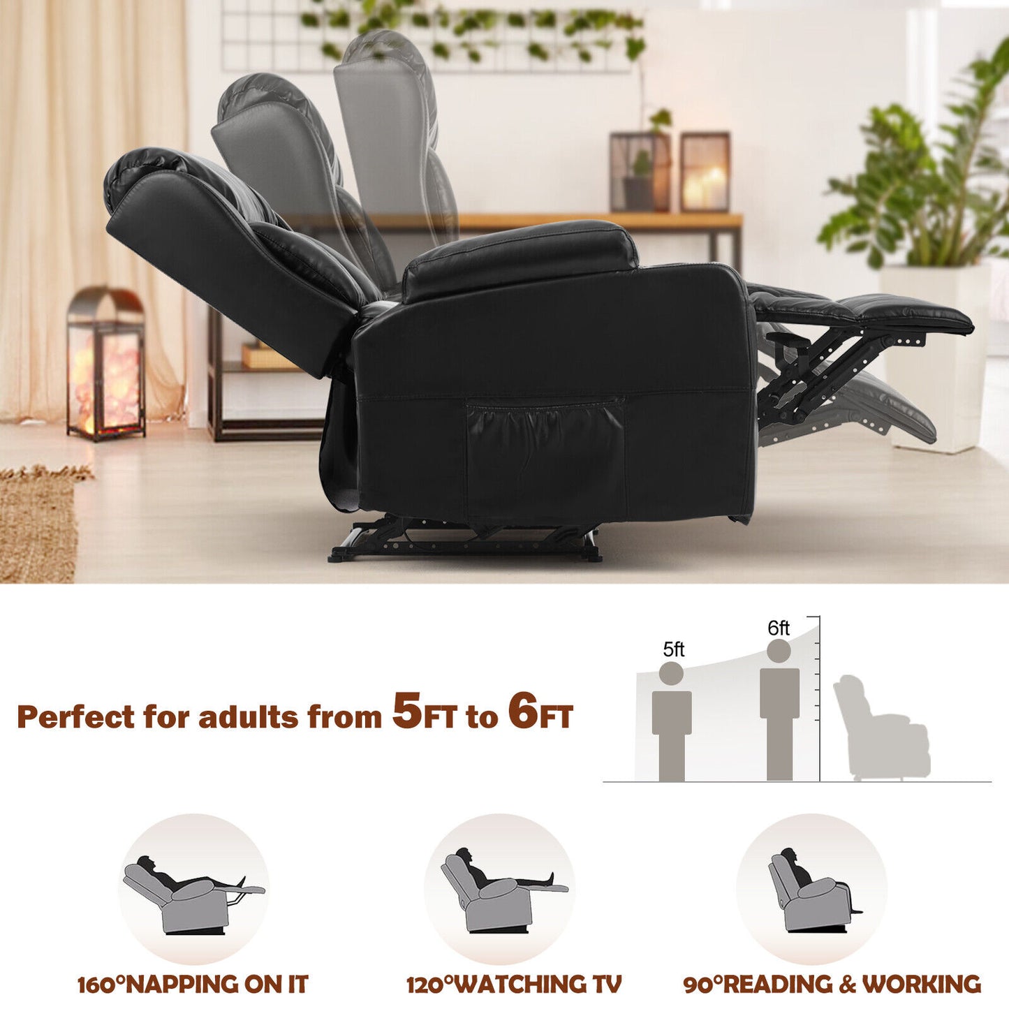 Black PU Leather Massage Recliner Chair Single Sofa Heated W/Remote,2 Cup Holder