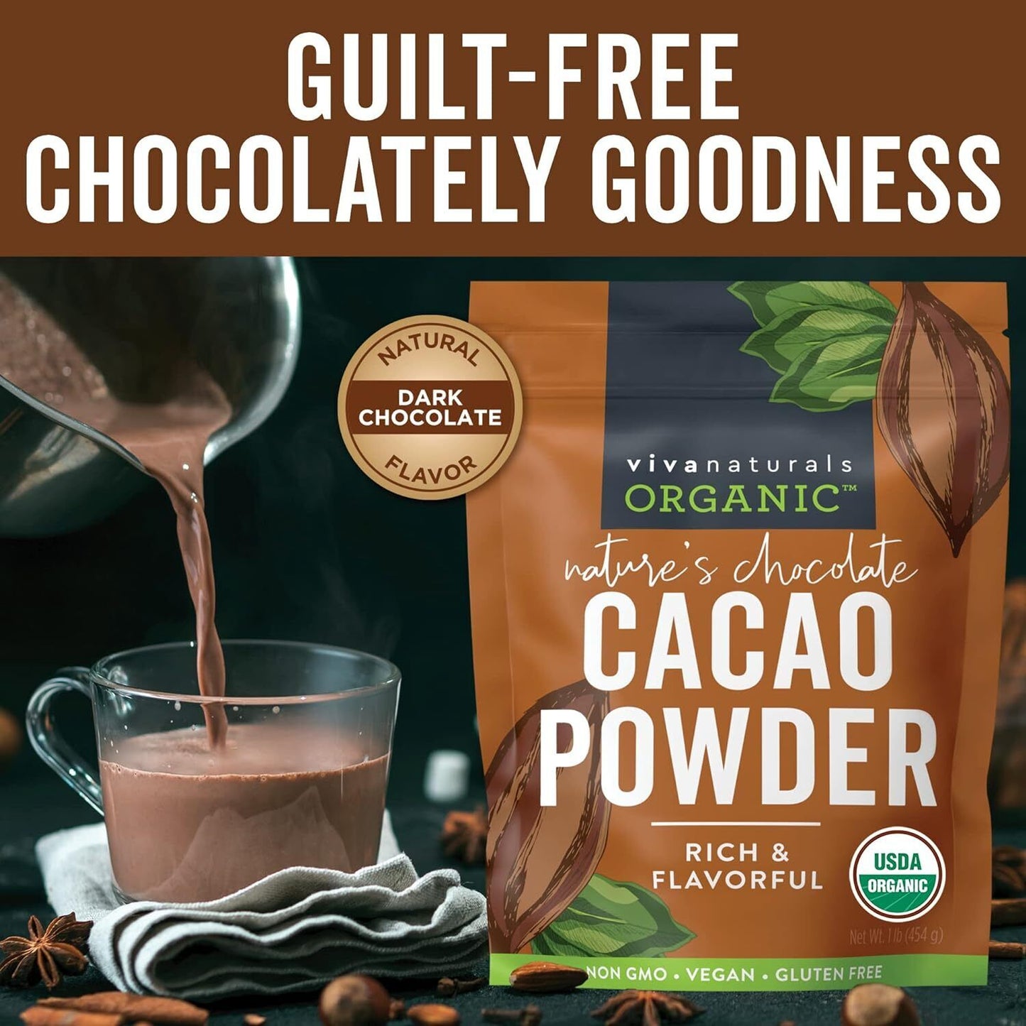 Viva Naturals Organic Cacao Powder, 1Lb - Unsweetened Cacao Powder with Rich Dar