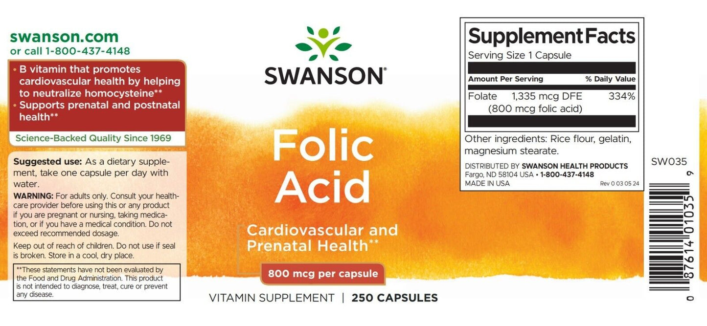 Swanson Folic Acid 800Mcg, 250 Capsules