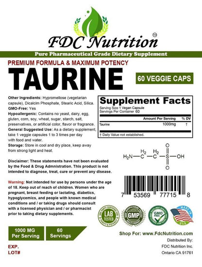 TWO PACKS   Taurine 1000Mg, 60 Capsules - Gluten Free & Non-Gmo