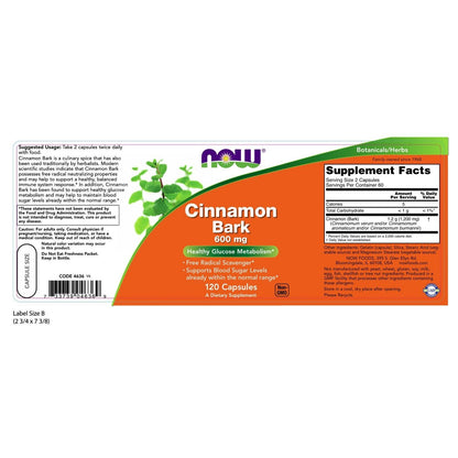 NOW Foods Cinnamon Bark, 600 Mg, 120 Capsules