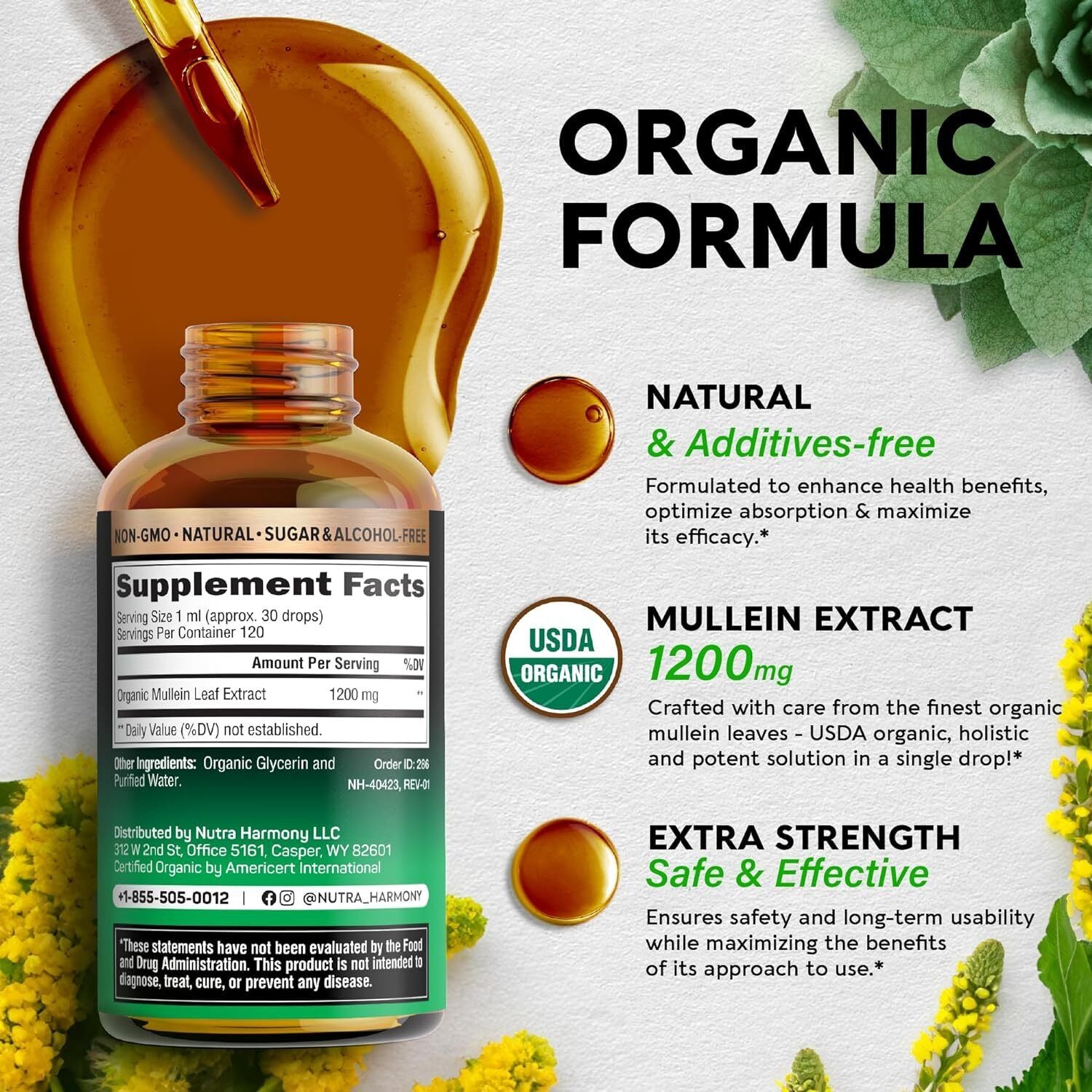 USDA Organic Mullein Supplement - Made in USA - Mullein Leaf Extract Drops - Bro