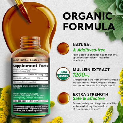 USDA Organic Mullein Supplement - Made in USA - Mullein Leaf Extract Drops - Bro