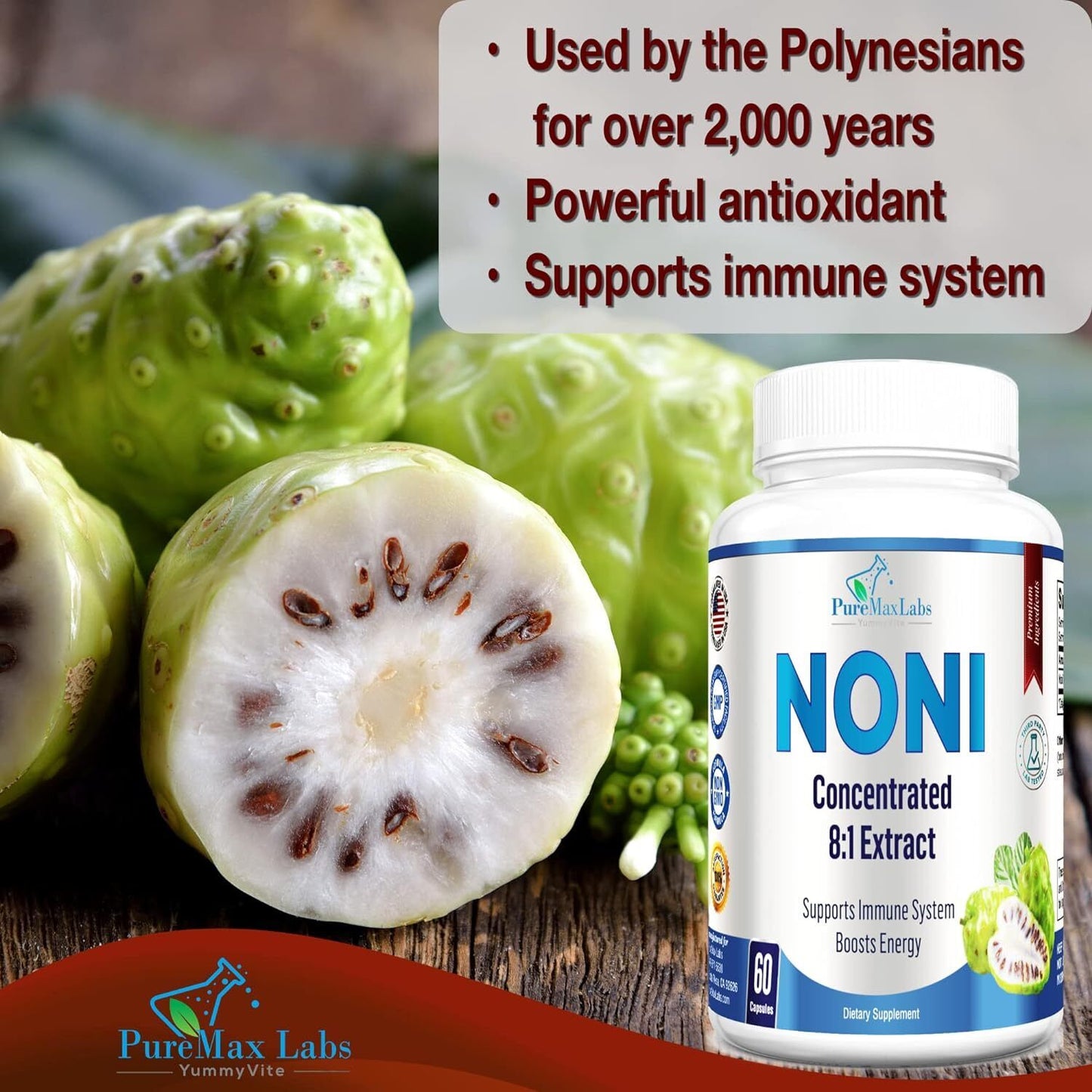 YUMMYVITE Noni Capsules - Concentrated 8:1 Noni Fruit Extract Superfood (Morinda