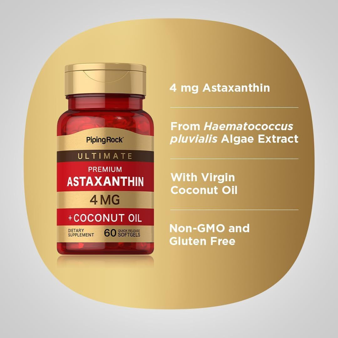 Piping Rock Astaxanthin 4Mg | 60 Softgels | with Coconut Oil | Algae Extract...