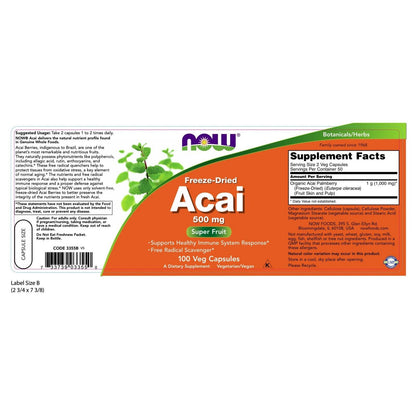 NOW Foods Acai, 500 Mg, 100 Veg Capsules