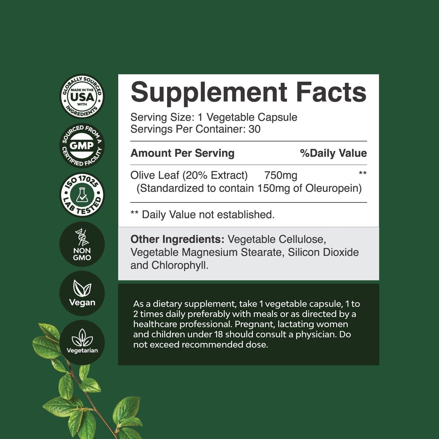 Olive Leaf Extract Capsules - Potent  High Strength Antioxidant Supplement