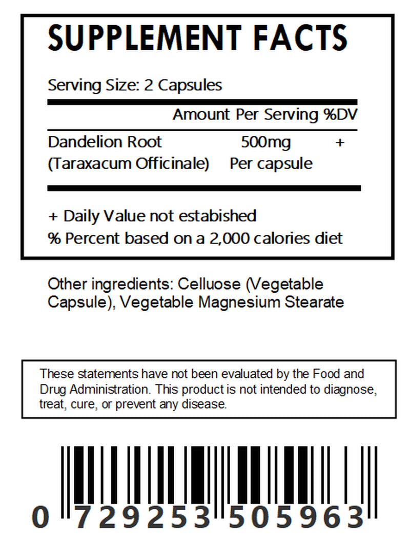 Dandelion Root Capsules - 60 Count 500Mg Each - (Taraxacum Officinale)Fre