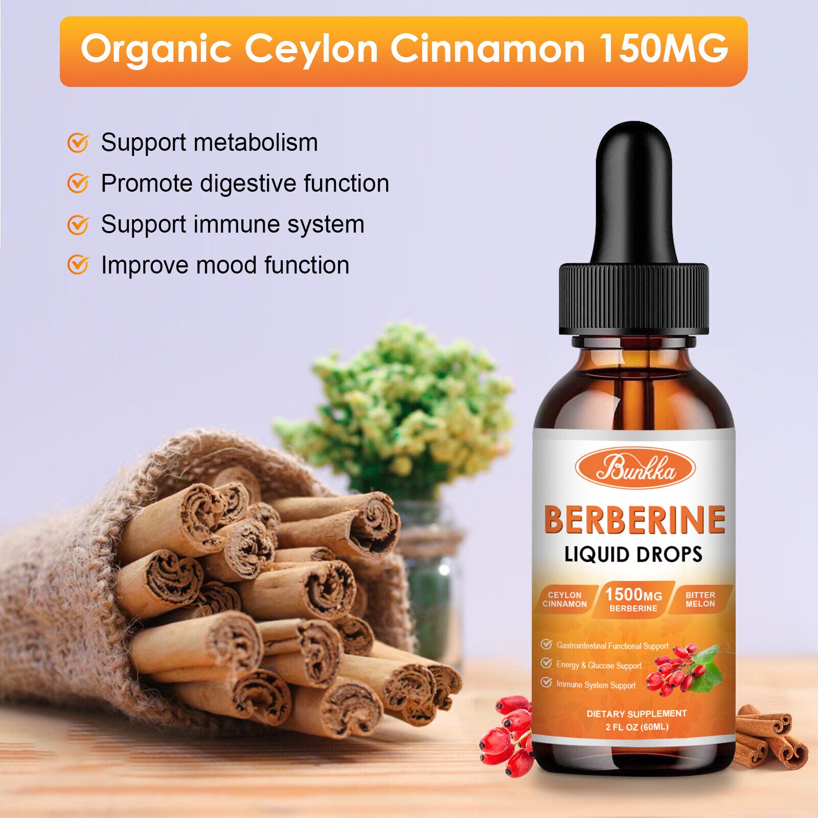 1500Mg Berberine Liquid Drops Organic Ceylon Cinnamon Bitter Melon 2 FL OZ