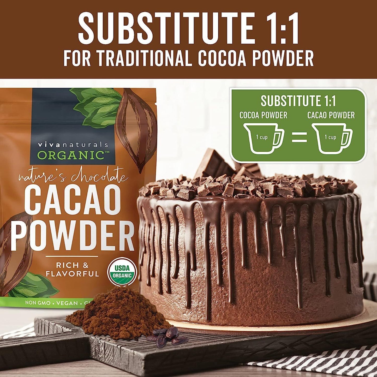 Viva Naturals Organic Cacao Powder, 1Lb - Unsweetened Cacao Powder with Rich Dar