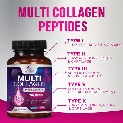 Collagen Peptides Pills 1000Mg Hydrolyzed Collagen Capsules (Types I,II,III,V,X)