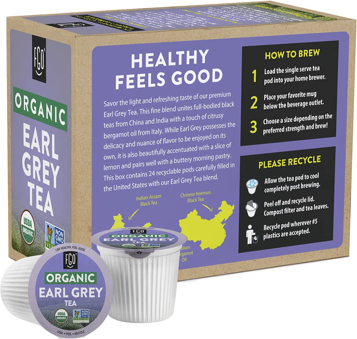 Organic Earl Grey Tea K-Cup Pods, 24 Pods by FGO - Keurig Compatible - Naturally