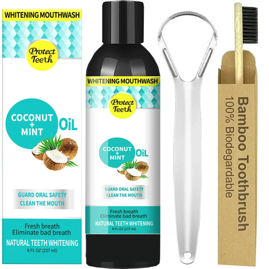 Coconut Mint Pulling Oil Mouthwash Alcohol-Free Teeth Whitening Fresh Oral Breath Tongue Scraper Set 237Ml