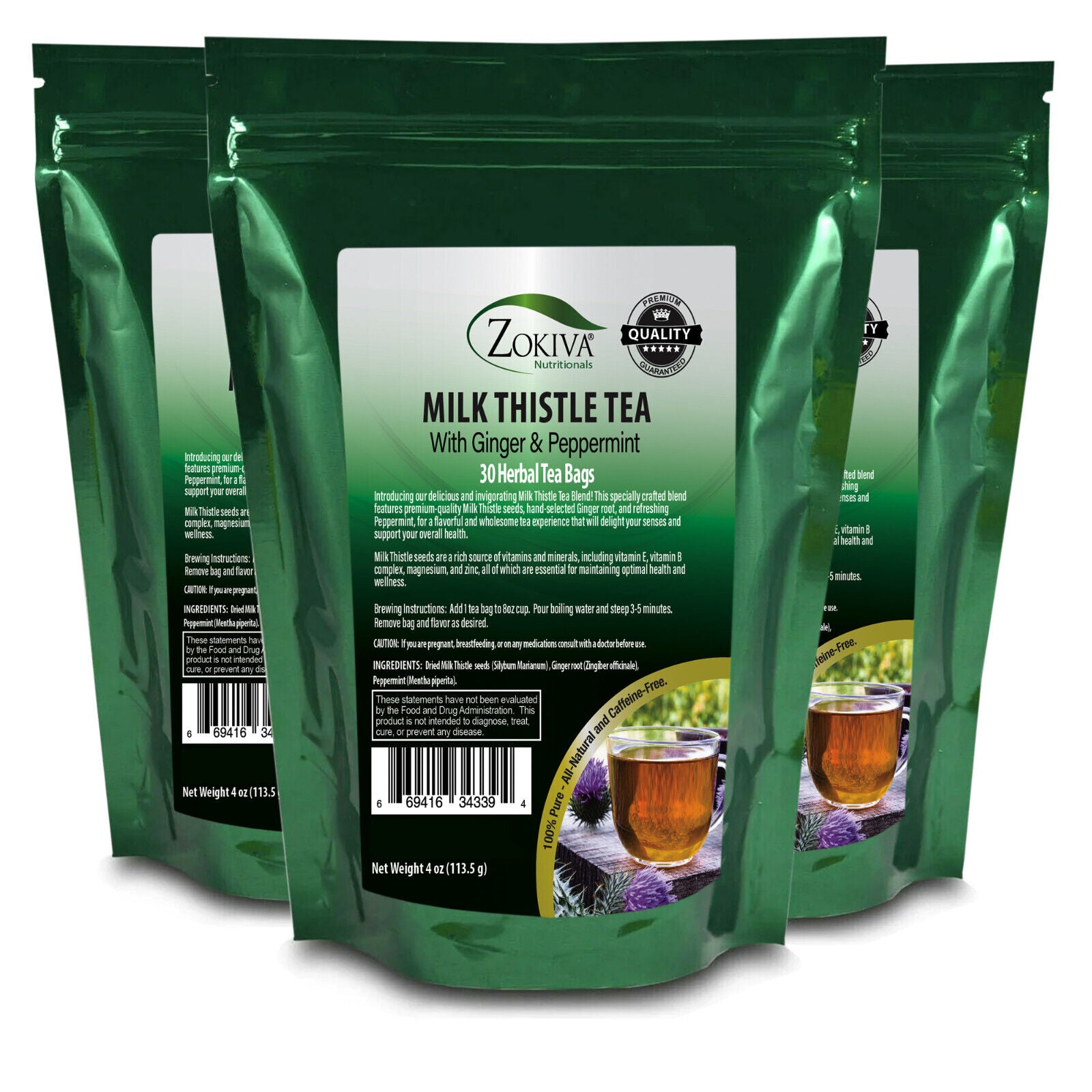 Milk Thistle Tea Bags 3-Pack (90-Tea Bags) with Ginger & Peppermint by Zokiva