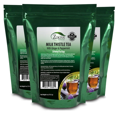 Milk Thistle Tea Bags 3-Pack (90-Tea Bags) with Ginger & Peppermint by Zokiva