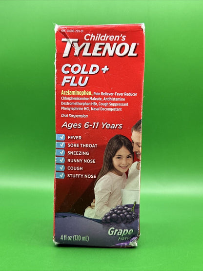 TYLENOL CHILDREN’S COLD + FLU 6-11 Years 4OZ Exp 11/2024 Grape