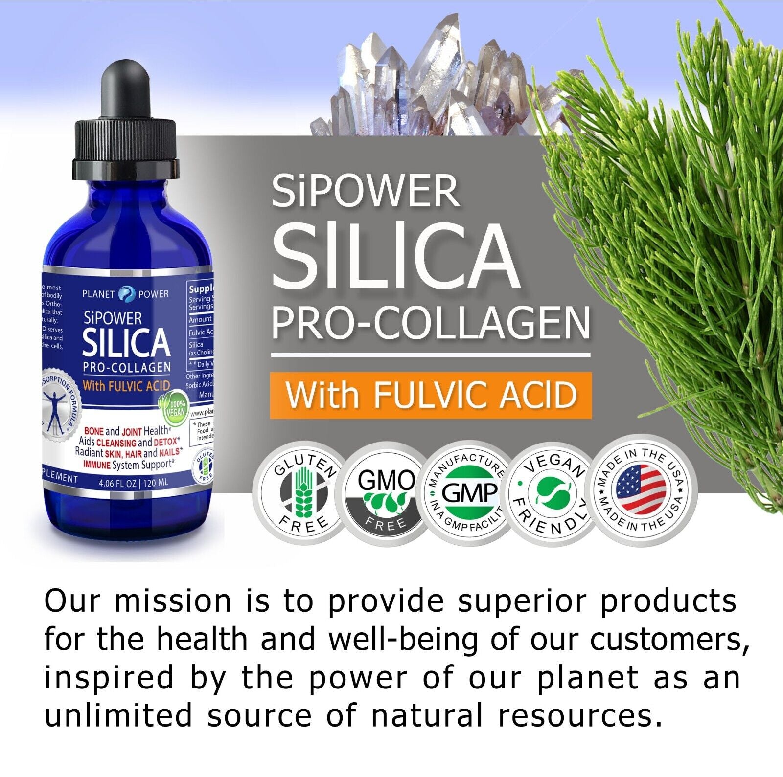 SILICA Pro-Collagen Liquid Mineral with FULVIC ACID 4 Oz Glass Bottle