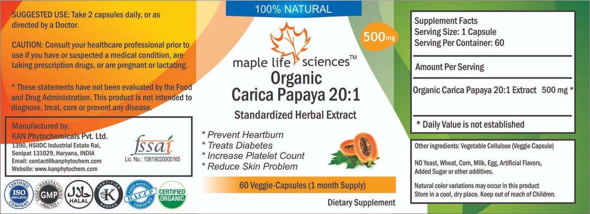 ORGANIC Carica Papaya 20:1 Extract Capsules Fermented Papaya Weight Loss