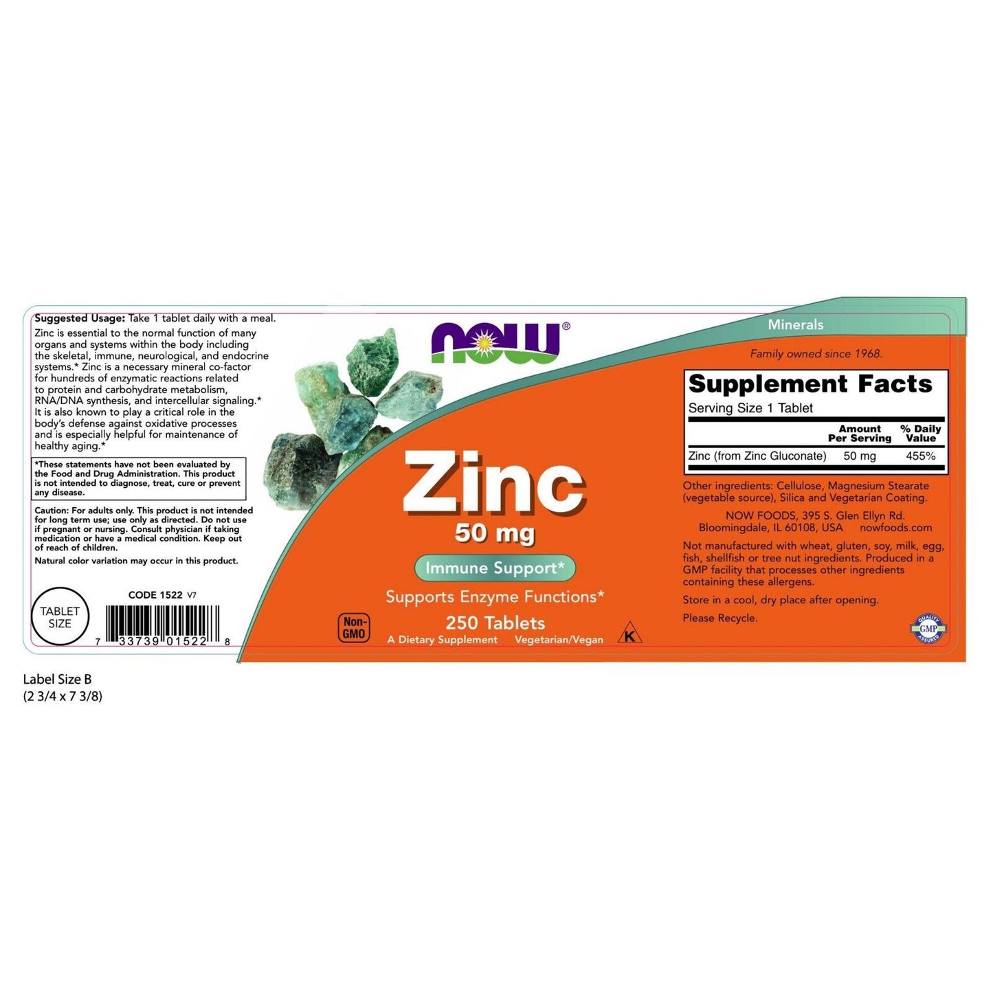 NOW Foods Zinc Gluconate, 50 Mg, 250 Tablets