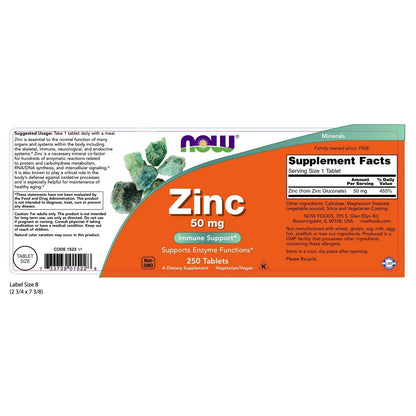 NOW Foods Zinc Gluconate, 50 Mg, 250 Tablets