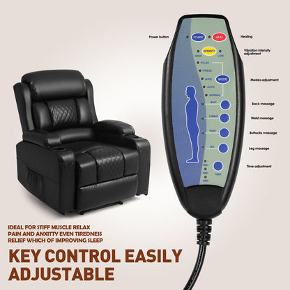 Black PU Leather Massage Recliner Chair Single Sofa Heated W/Remote,2 Cup Holder