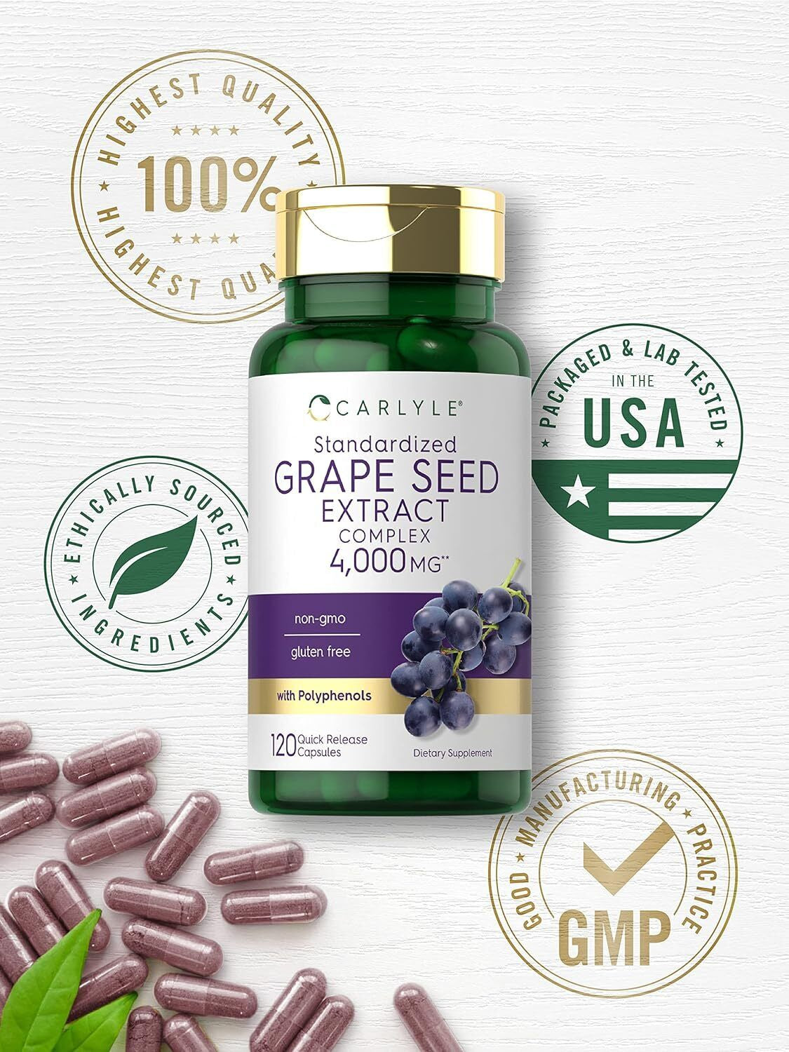 Carlyle Grape Seed Extract 4,000Mg | 120 Quick Release Capsules | Standardized E