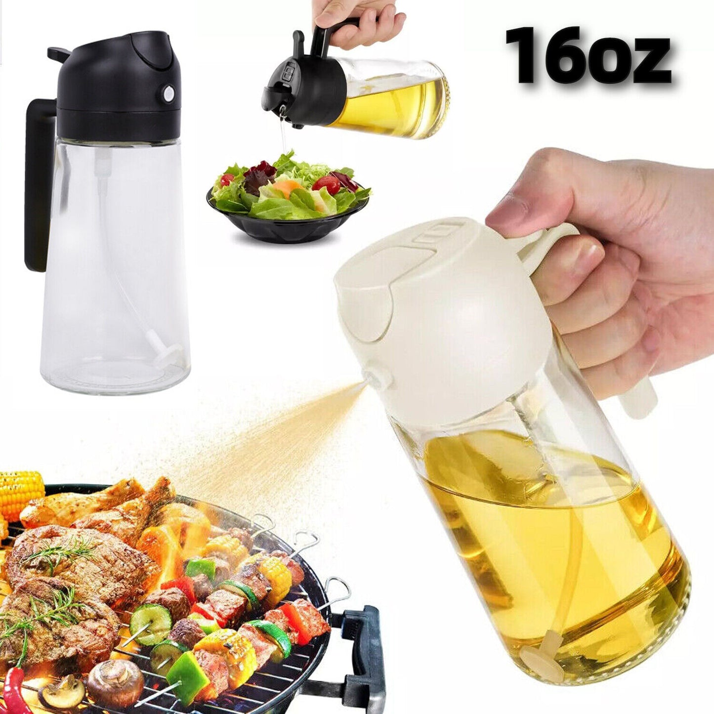 16Oz Olive Oil Dispenser Bottle 2 in 1 Sprayer Pourer Glass for Kitchen Cooking