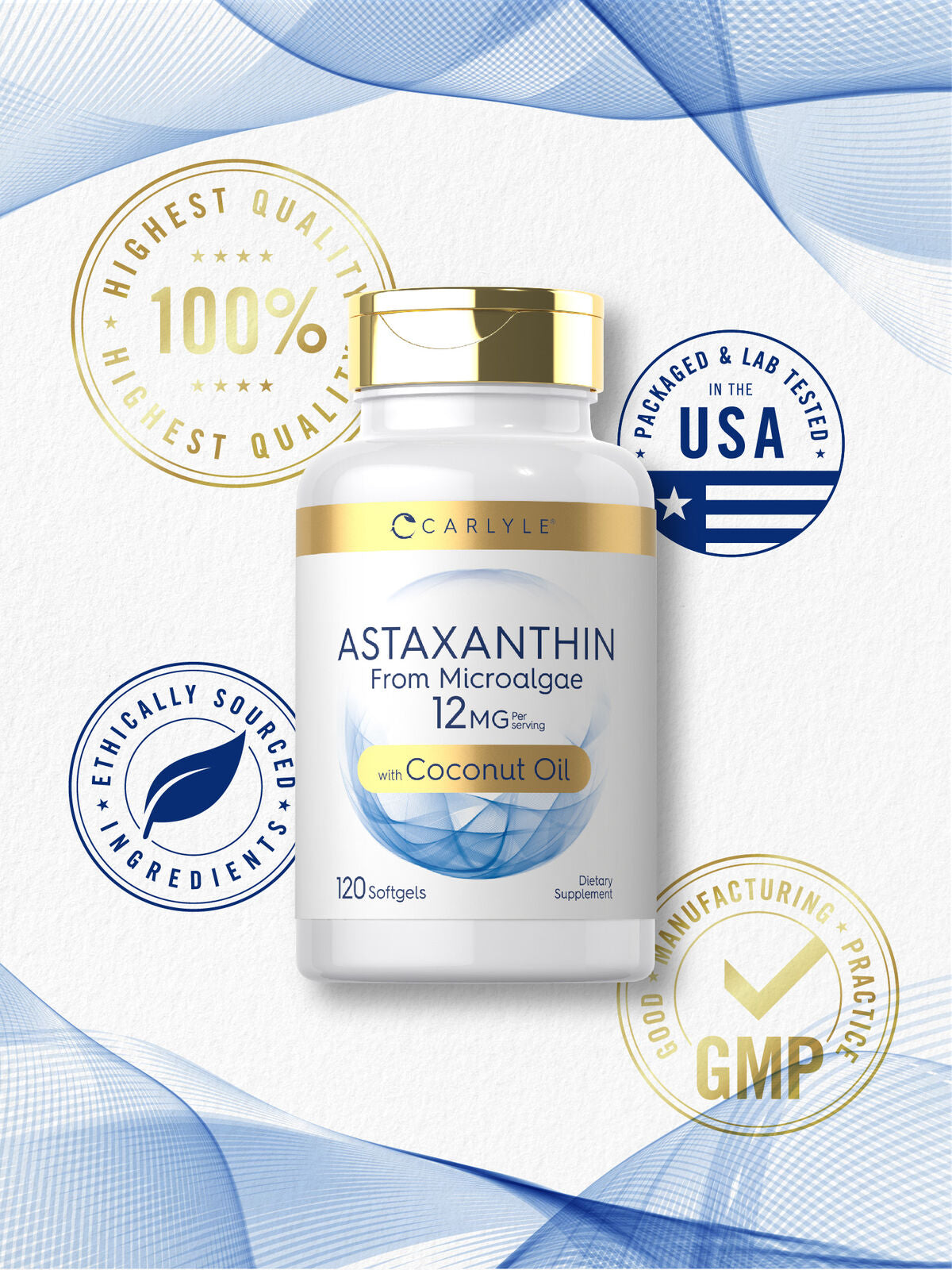 Astaxanthin 12Mg | 120 Softgels | from Microalgae, with Coconut Oil | by Carlyle