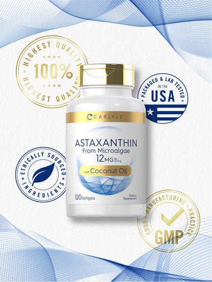 Astaxanthin 12Mg | 120 Softgels | from Microalgae, with Coconut Oil | by Carlyle