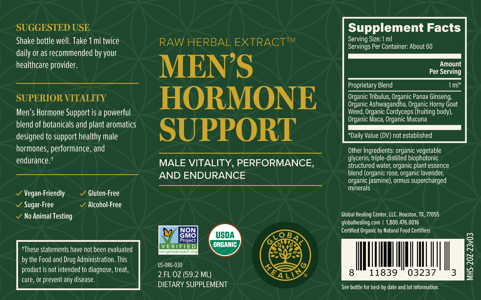 Organic Men'S Hormone Support, Male Vitality & Testosterone Booster - 2 Oz