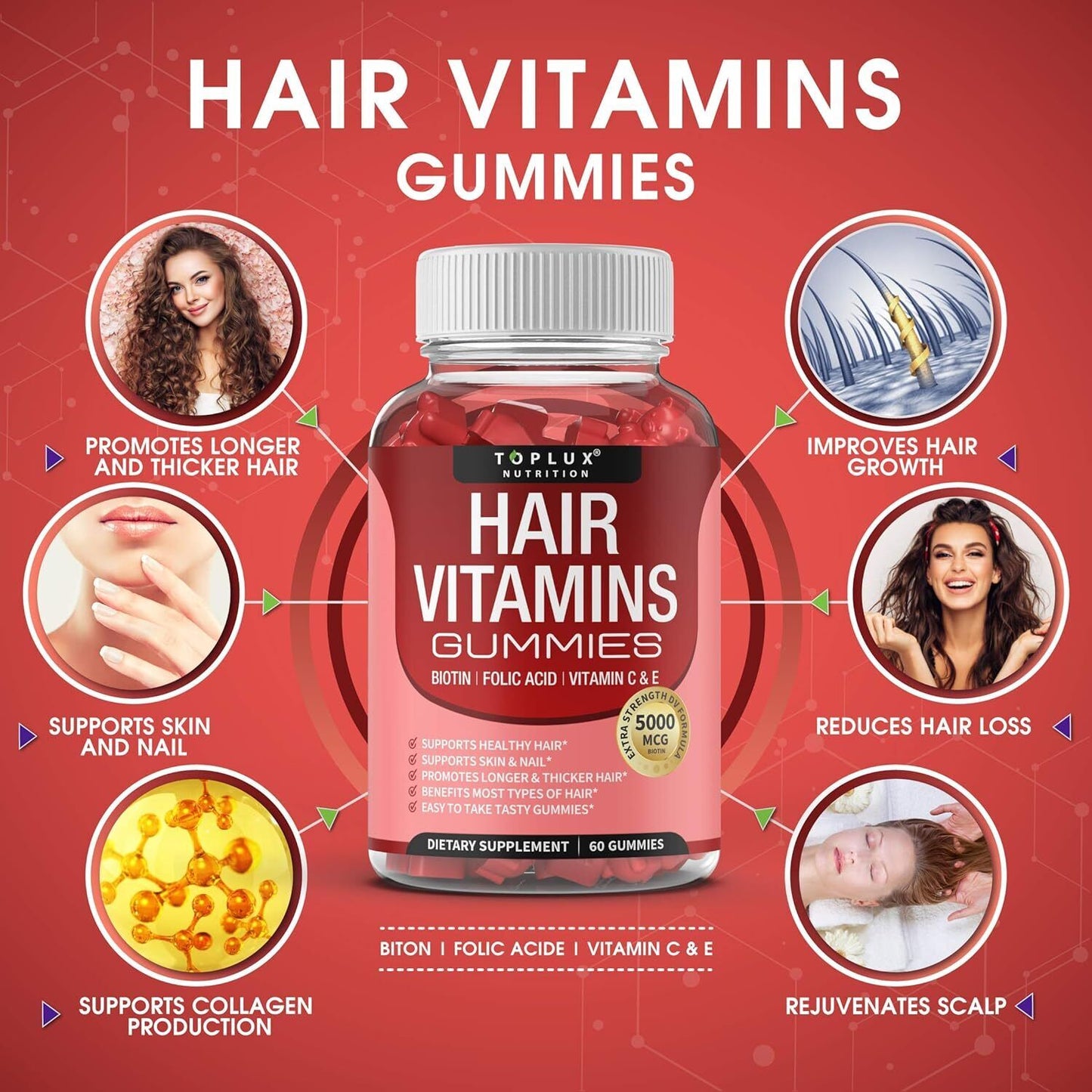 Hair Vitamins Gummies Supplement – Faster Hair Growth Gummy 5000Mcg Biotin, Foli