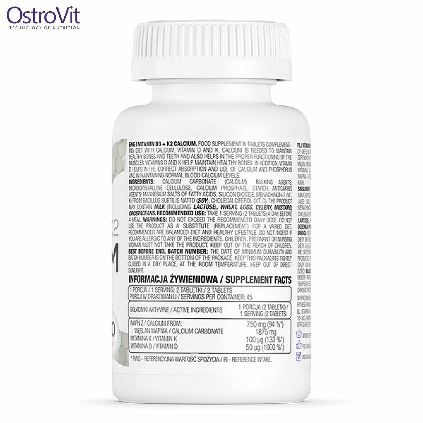 Ostrovit Vitamin D3 + K2 + Calcium 2 X 90 Tablets Dietary Supplement