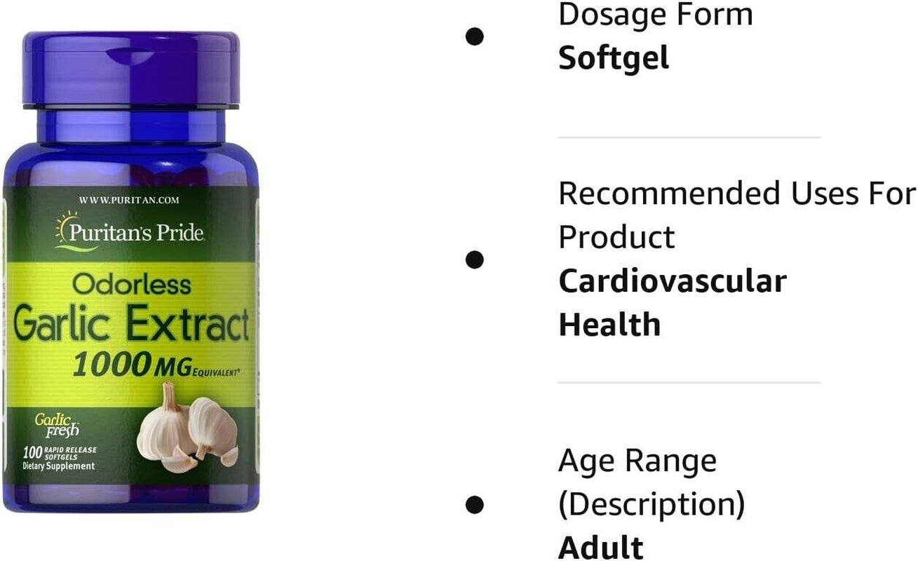 Garlic Extract 1000 Mg Cholesterol & Antioxidant Supplement 100 Pills Odorless