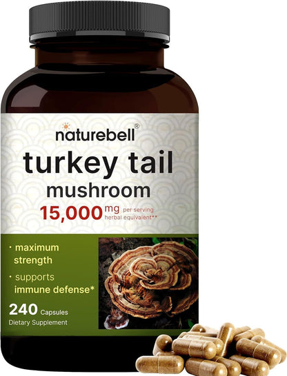 Naturebell Turkey Tail Mushroom Capsules 15,000Mg per Serving, 240 Count | 25:1