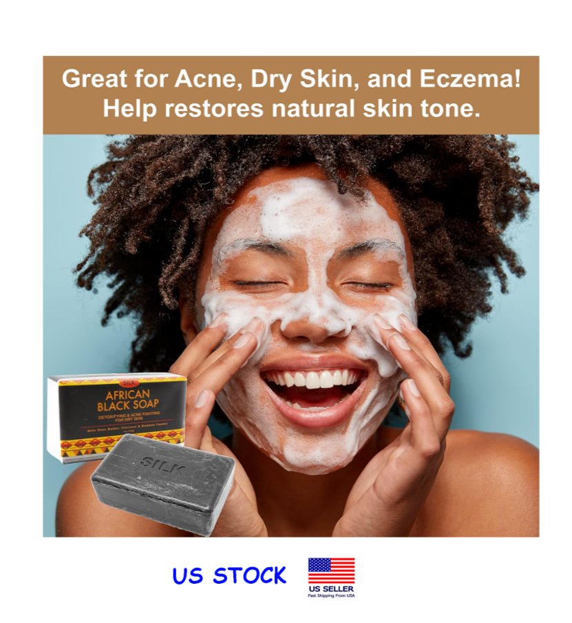 2 PC Silk African Black Soap for Face & Body, Detoxifying, Acne, Dry Skin Eczema