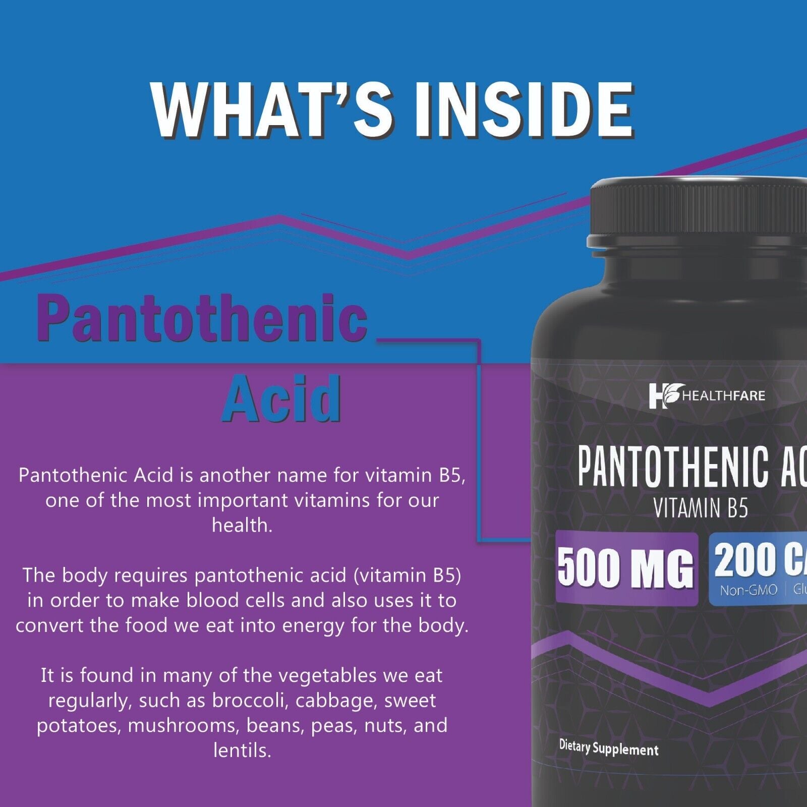 Pantothenic Acid Vitamin B5 500Mg 200 Capsules High Quality Pure Form