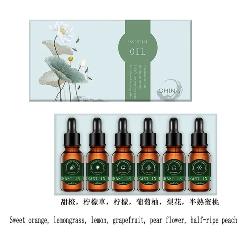 1Set/6Bottles/10Ml Essential Oil Gardenia Lavender Cherry Blossom Chamomile Jasmine Rose Eucalyptus Mint Tea Tree Citronella