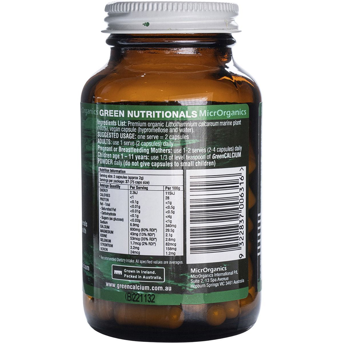 GREEN NUTRITIONALS Green Calcium Vegan Capsules (600Mg) 60