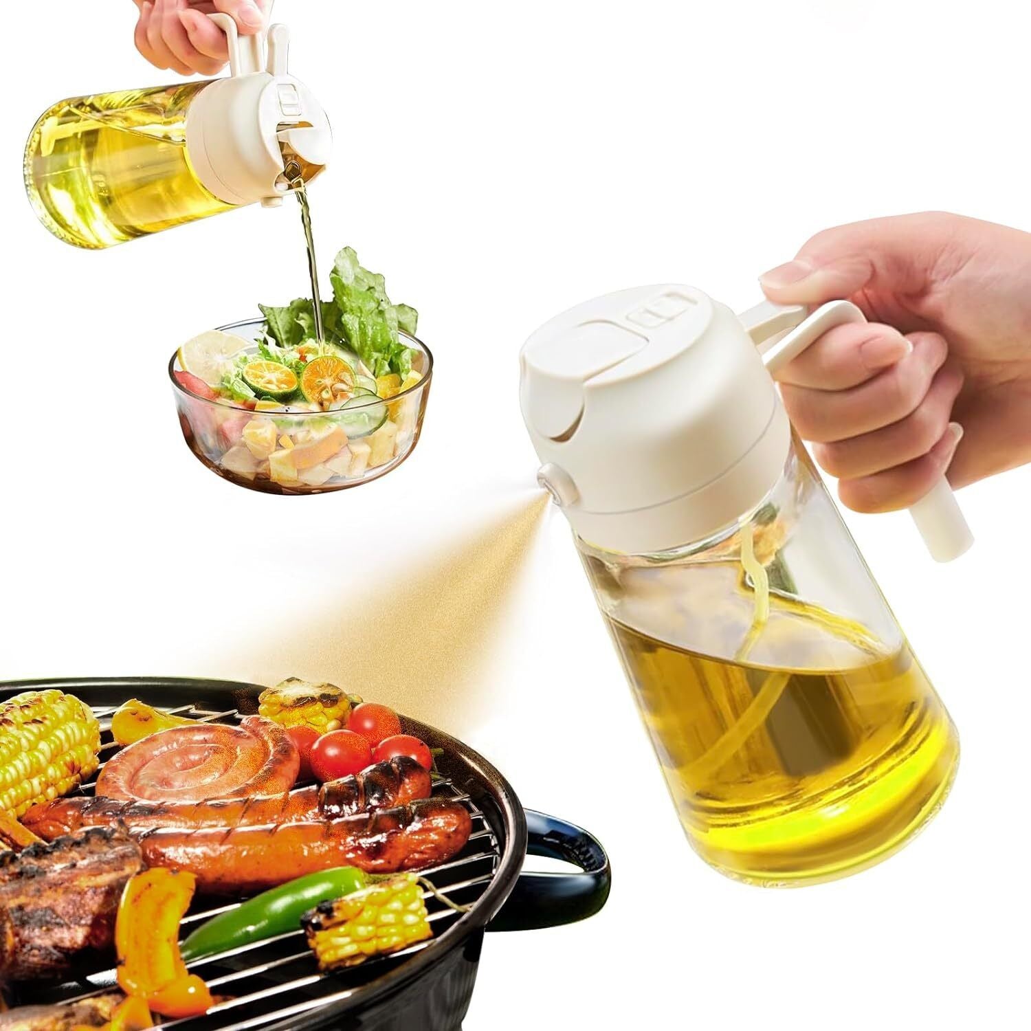 16Oz Olive Oil Dispenser Bottle 2 in 1 Sprayer Pourer Glass for Kitchen Cooking