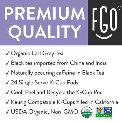 Organic Earl Grey Tea K-Cup Pods, 24 Pods by FGO - Keurig Compatible - Naturally