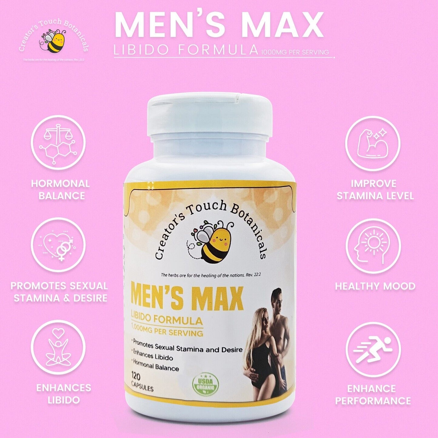 Men'S Max Capsules 120 Caps, Organic, Sexual Stamina, Testosterone Boost, Libido