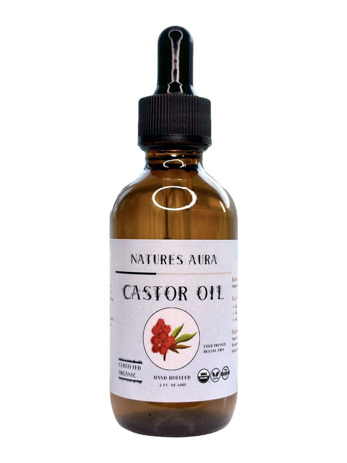 Natures Aura Organic Castor Oil - Glass (2 Oz) | Cold Pressed, Hexane Free, USDA