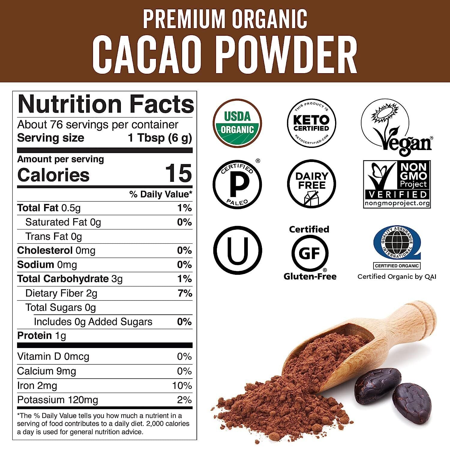 Viva Naturals Organic Cacao Powder, 1Lb - Unsweetened Cacao Powder with Rich Dar