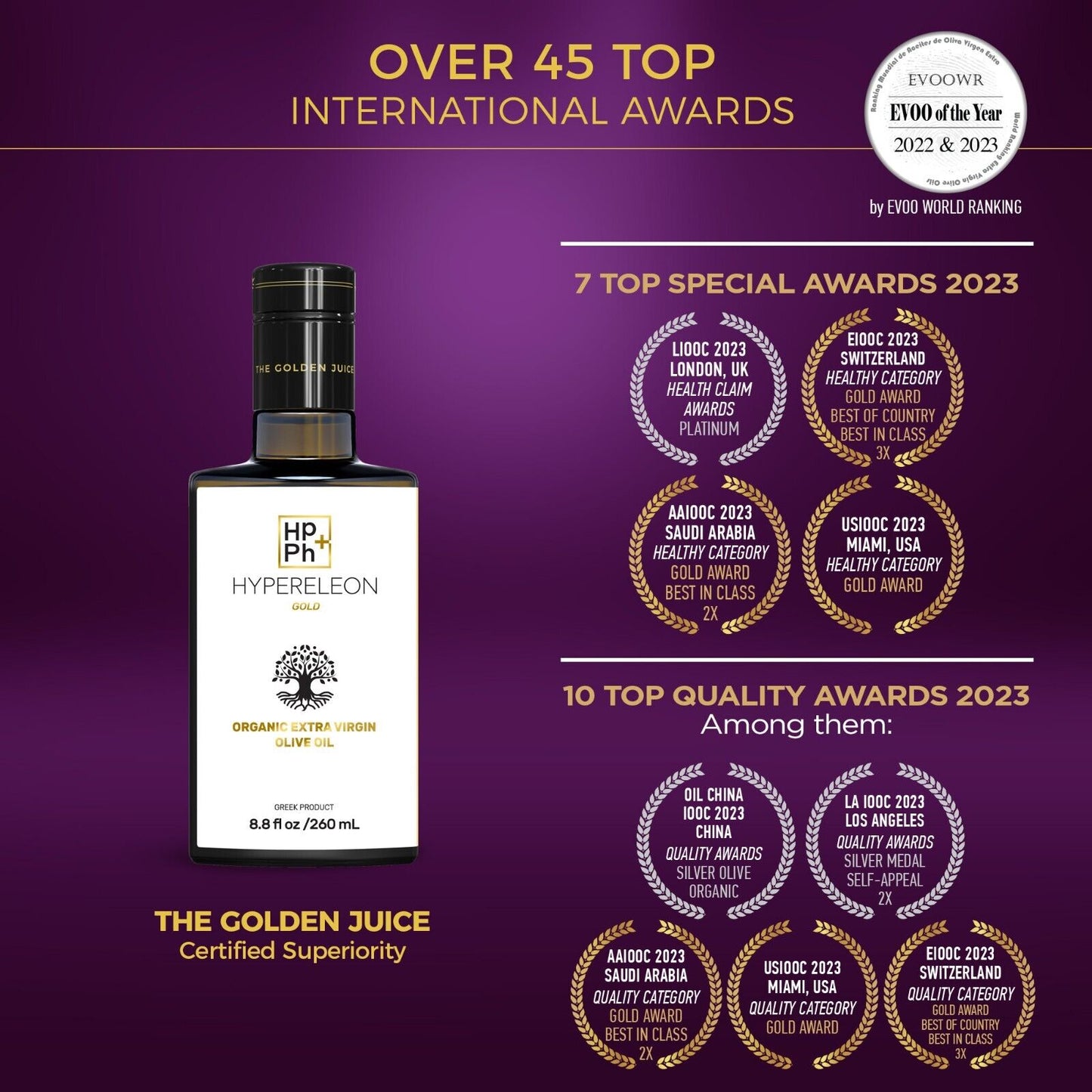 HYPERELEON Gold Premium Olive Oil | Rich in Polyphenols | 45 Awards | 260Ml